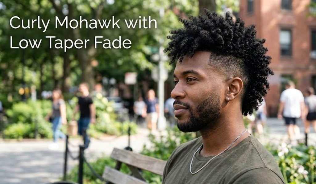 Curly Mohawk with Low Taper Fade