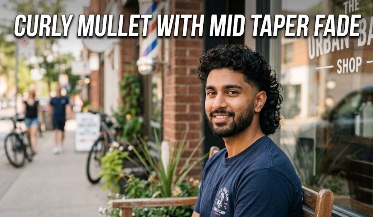 Curly Mullet with Mid Taper Fade