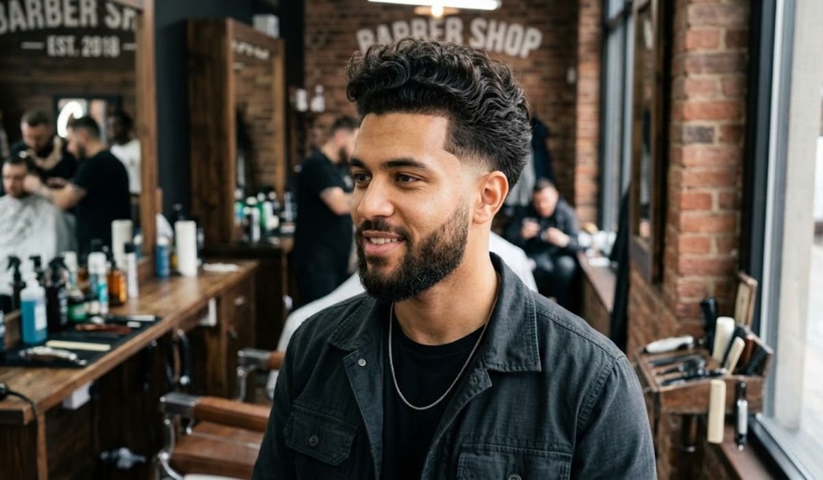 Curly Pompadour with Low Taper