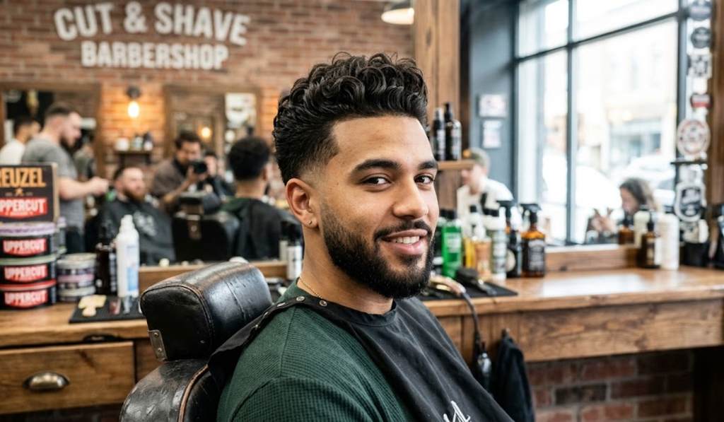 Curly Pompadour with Mid Taper Fade