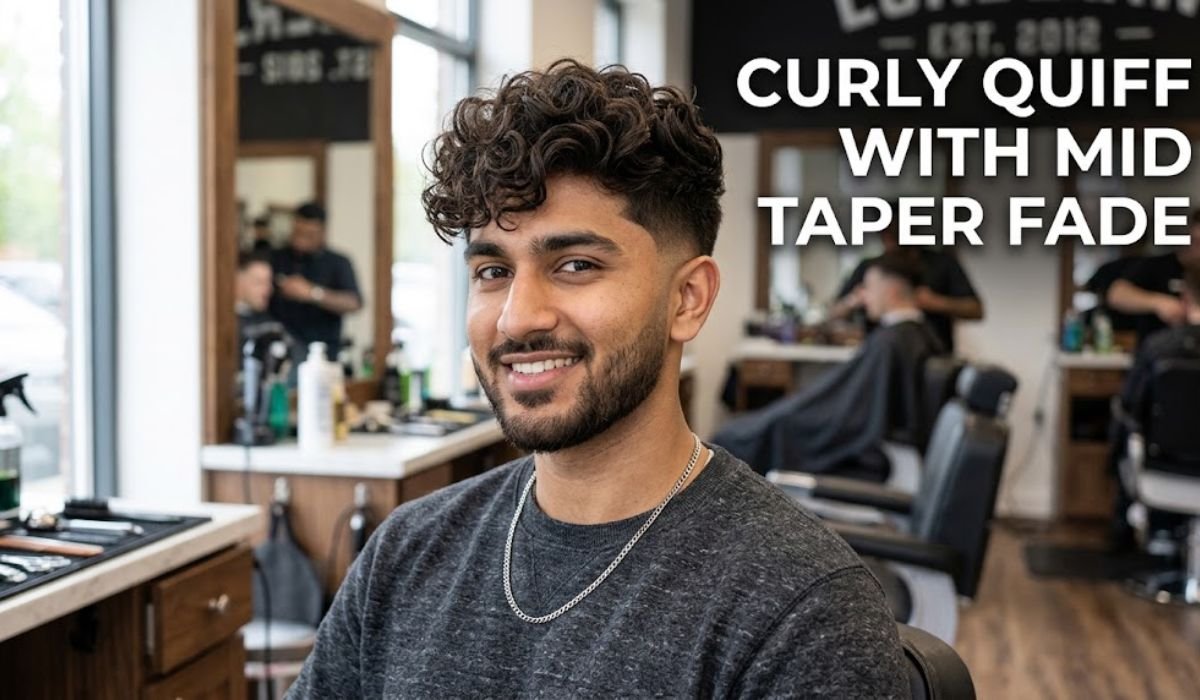 Curly Quiff with Mid Taper Fade
