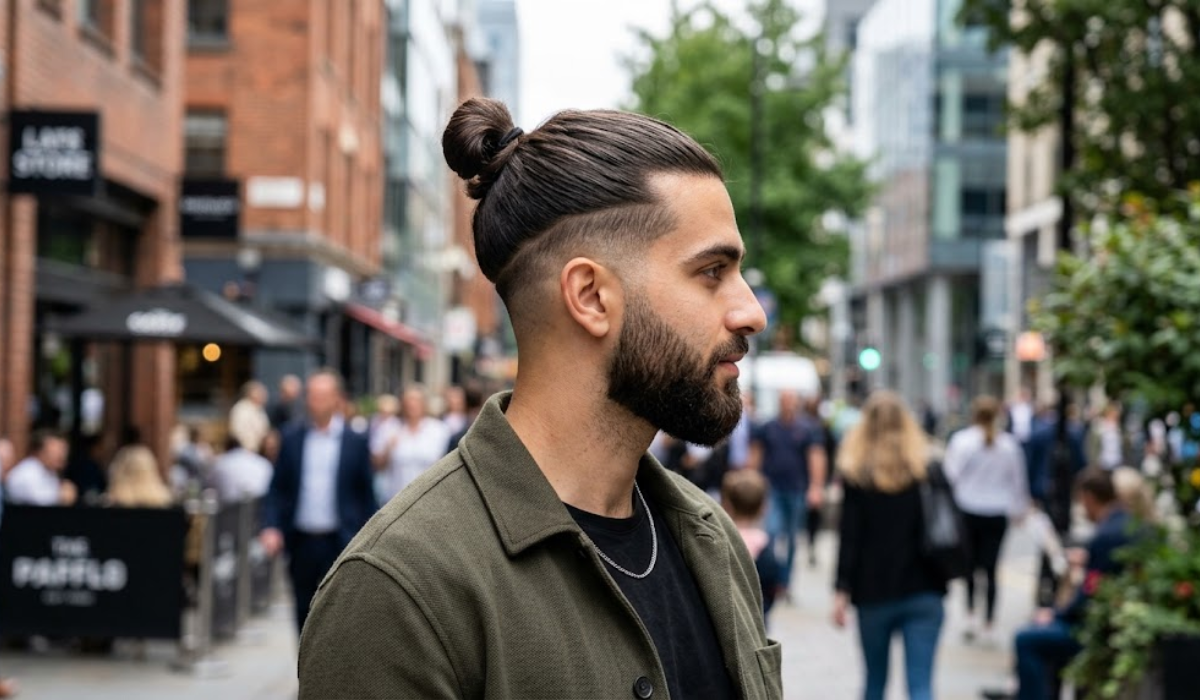 Man Bun with Mid Taper Fade