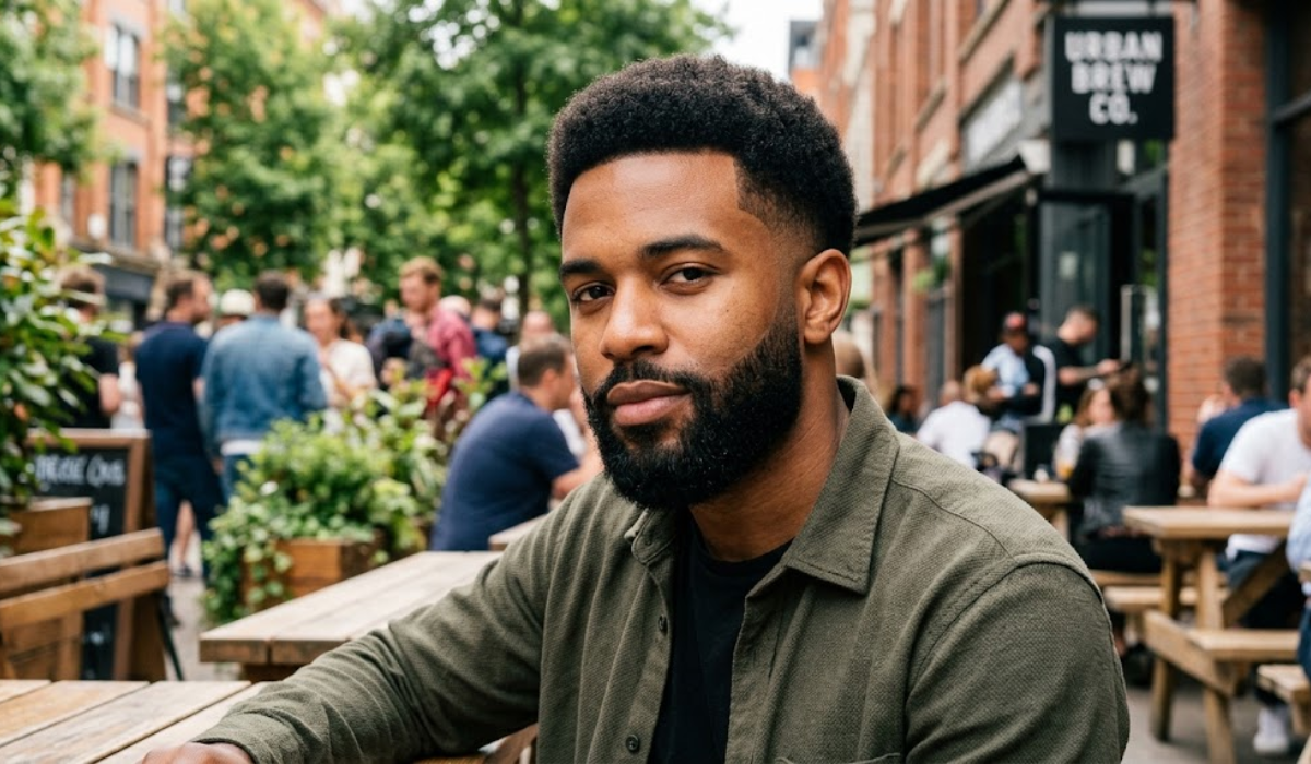 Short Afro with Beard and Mid Taper Fade