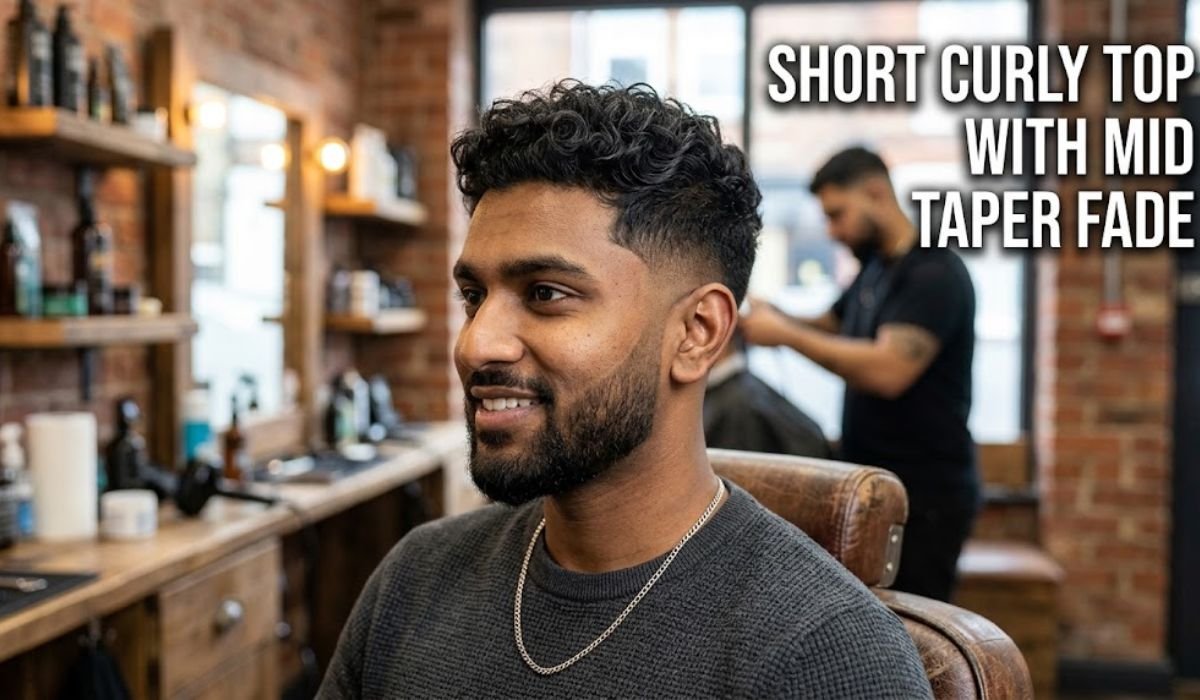 Short Curly Top with Mid Taper Fade