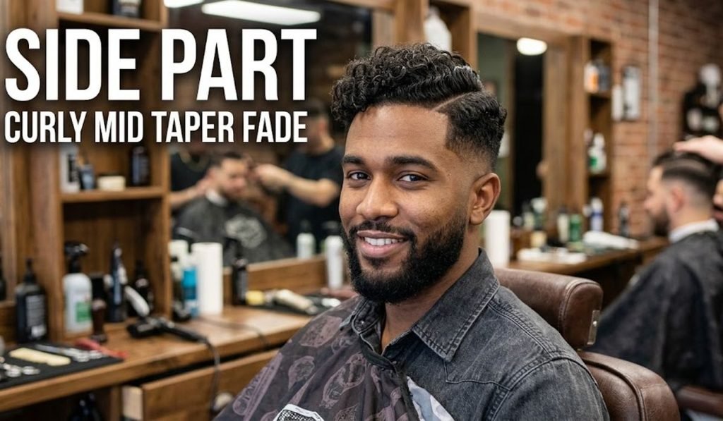 Side Part Curly Mid Taper Fade