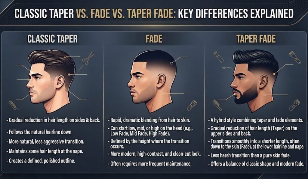 Classic taper vs. fade vs. taper fade: Key differences explained