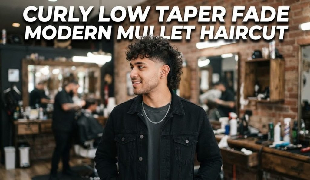 Curly Low Taper Fade Modern Mullet Haircut