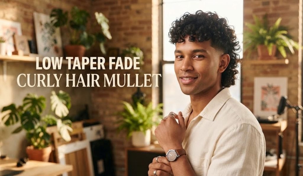 Low Taper Fade Curly Hair Mullet