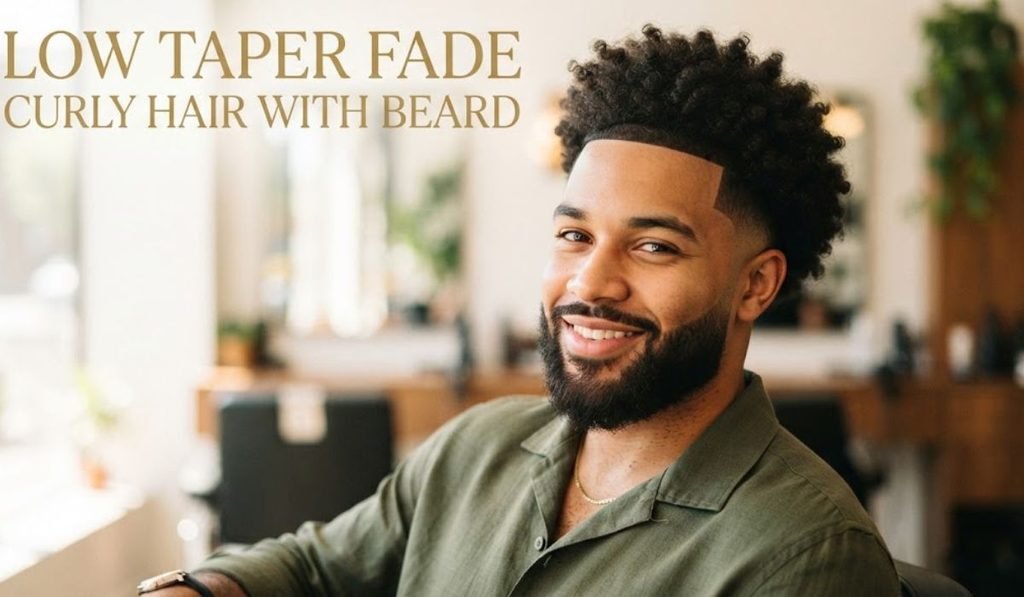 Low Taper Fade Curly Hair with Beard
