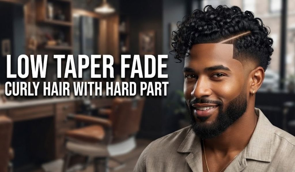 Low Taper Fade Curly Hair with Hard Part