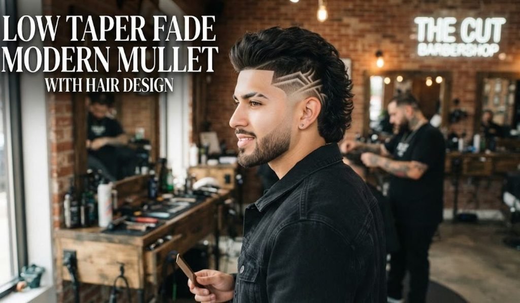 Low Taper Fade Modern Mullet with Hair Design