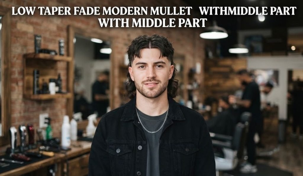 Low Taper Fade Modern Mullet with Middle Part