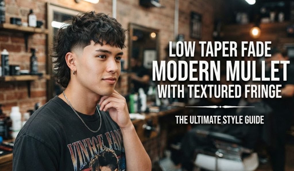 Low Taper Fade Modern Mullet with Textured Fringe