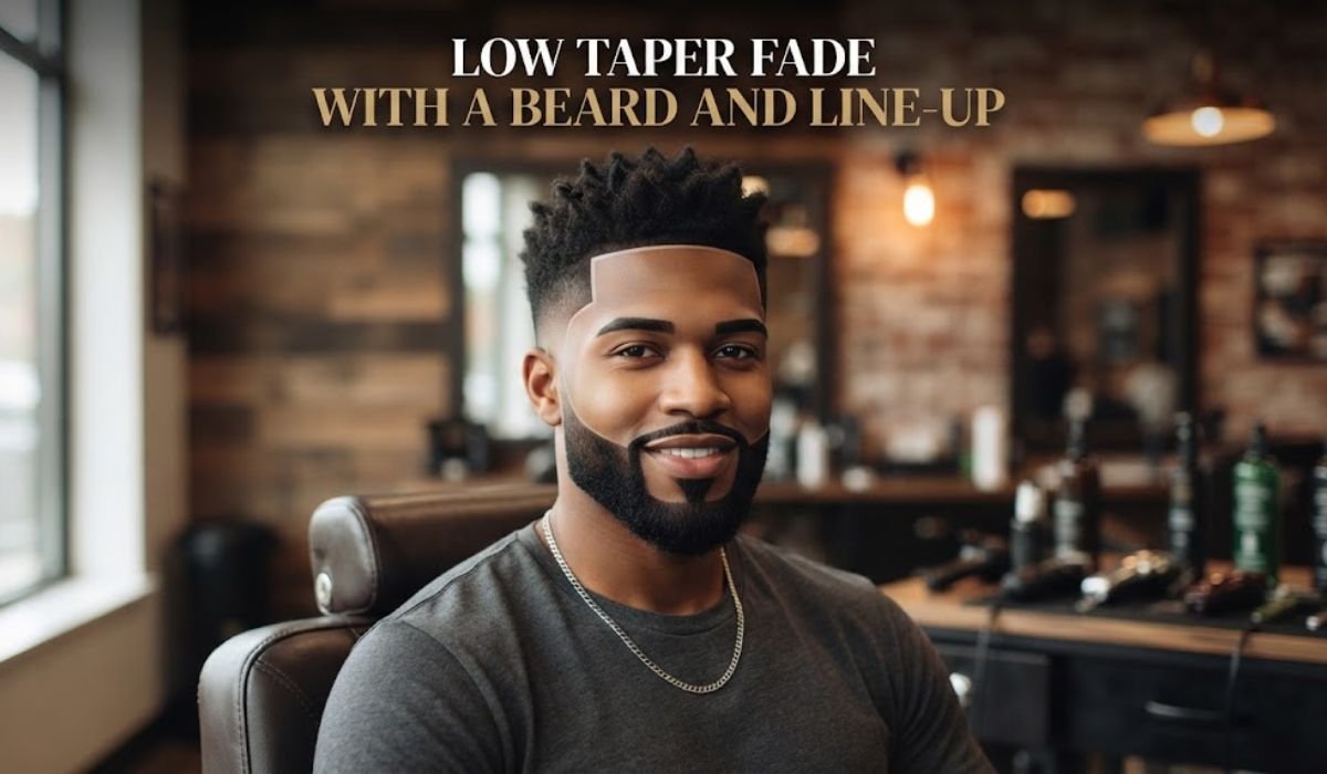 Low taper fade with a beard and line-up