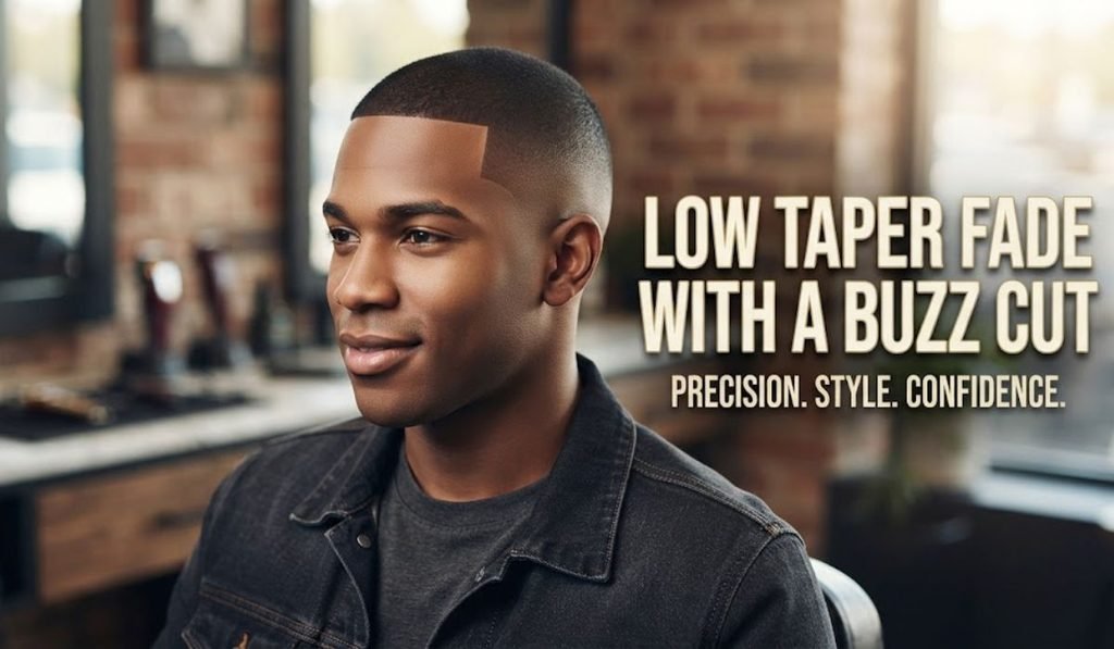 Low taper fade with a buzz cut