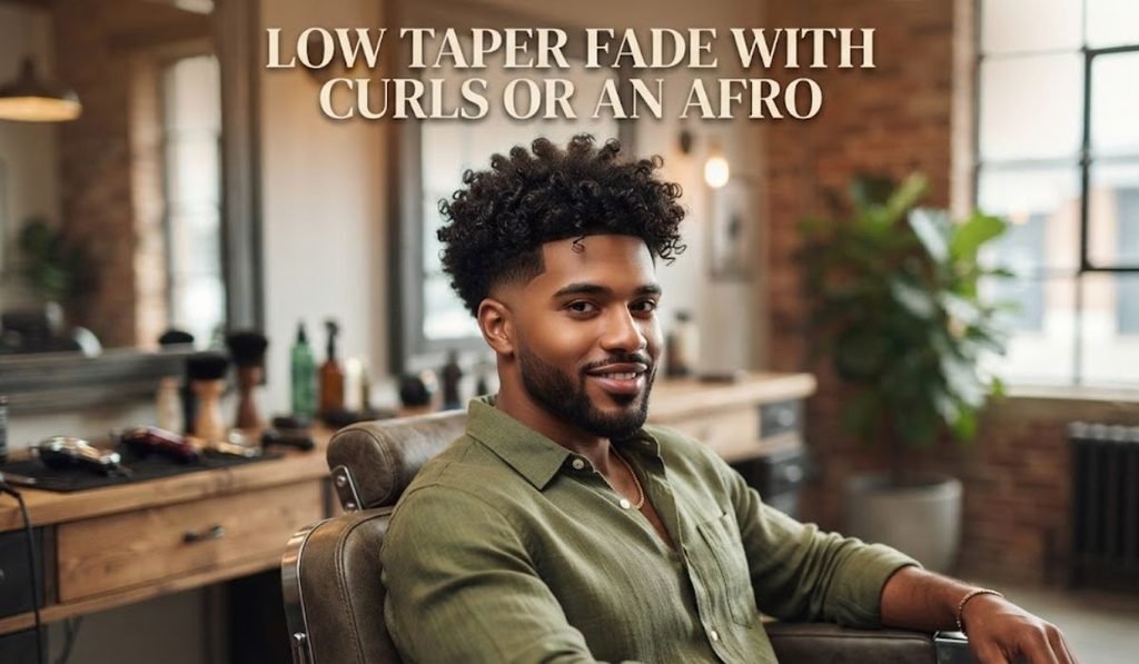 Low taper fade with curls or an afro