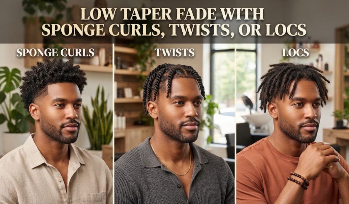 Low taper fade with sponge curls, twists, or locs