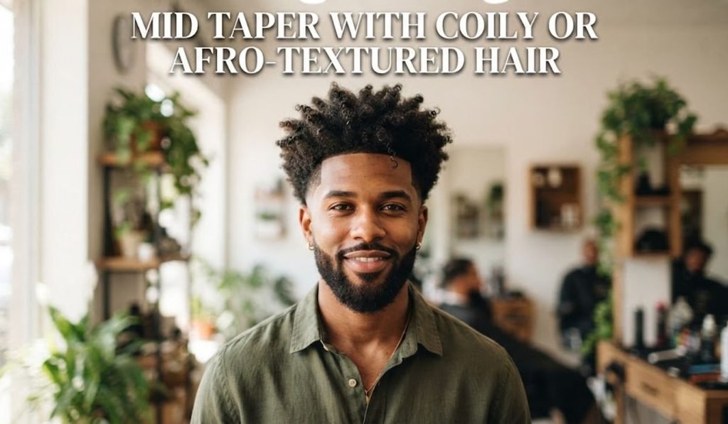 Mid taper with coily or afro-textured hair