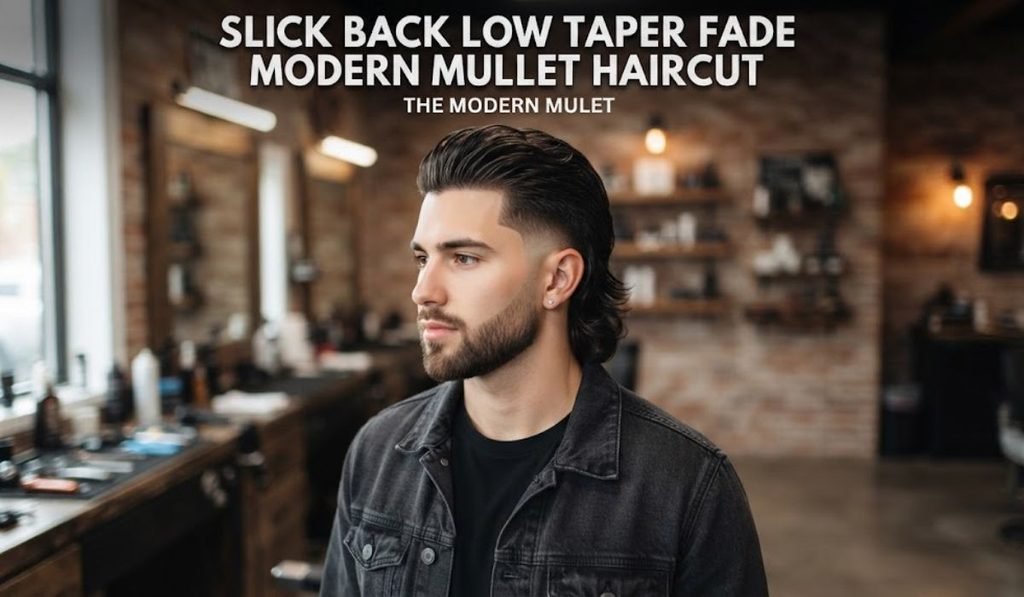 Slick Back Low Taper Fade Modern Mullet Haircut