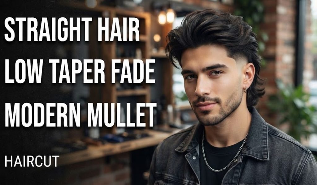 Straight Hair Low Taper Fade Modern Mullet Haircut