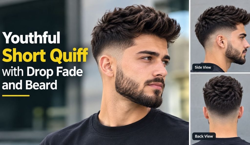 Youthful Short Quiff with Drop Fade and Beard